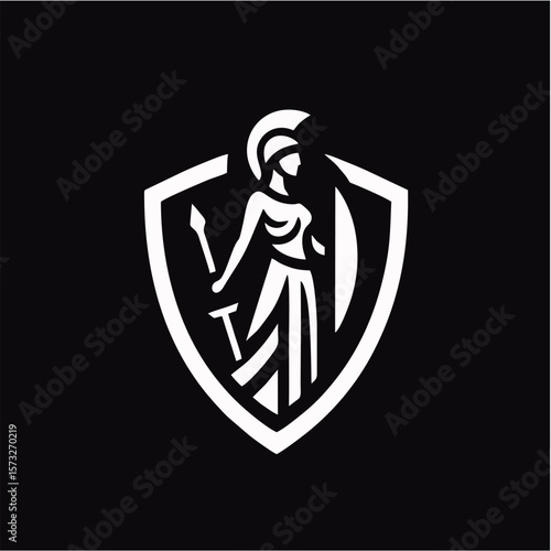 Minimalist Black and White Vector Logo of Greek Goddess Athena with Spear and Shield in Shield Frame