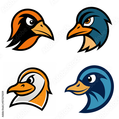 Four stylized bird heads in orange, blue, and white with distinct expressions and appearances
