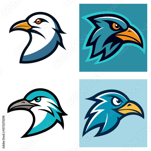 Four stylized eagle head designs with varying color schemes and background compositions shown here