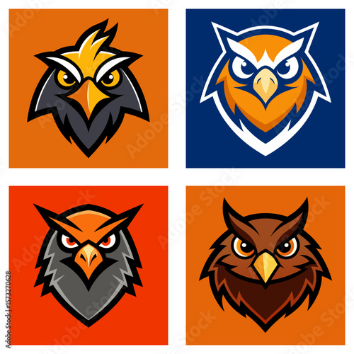 Four square images showcasing different owl mascot designs with varying colors and styles displayed nicely
