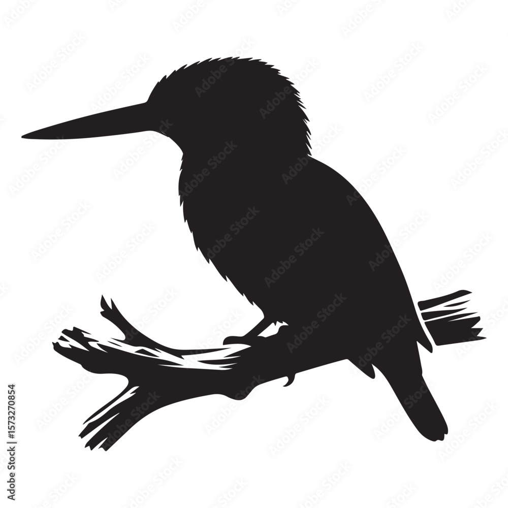 Obraz premium Kingfisher perched on branch vector silhouette, Wildlife animals.