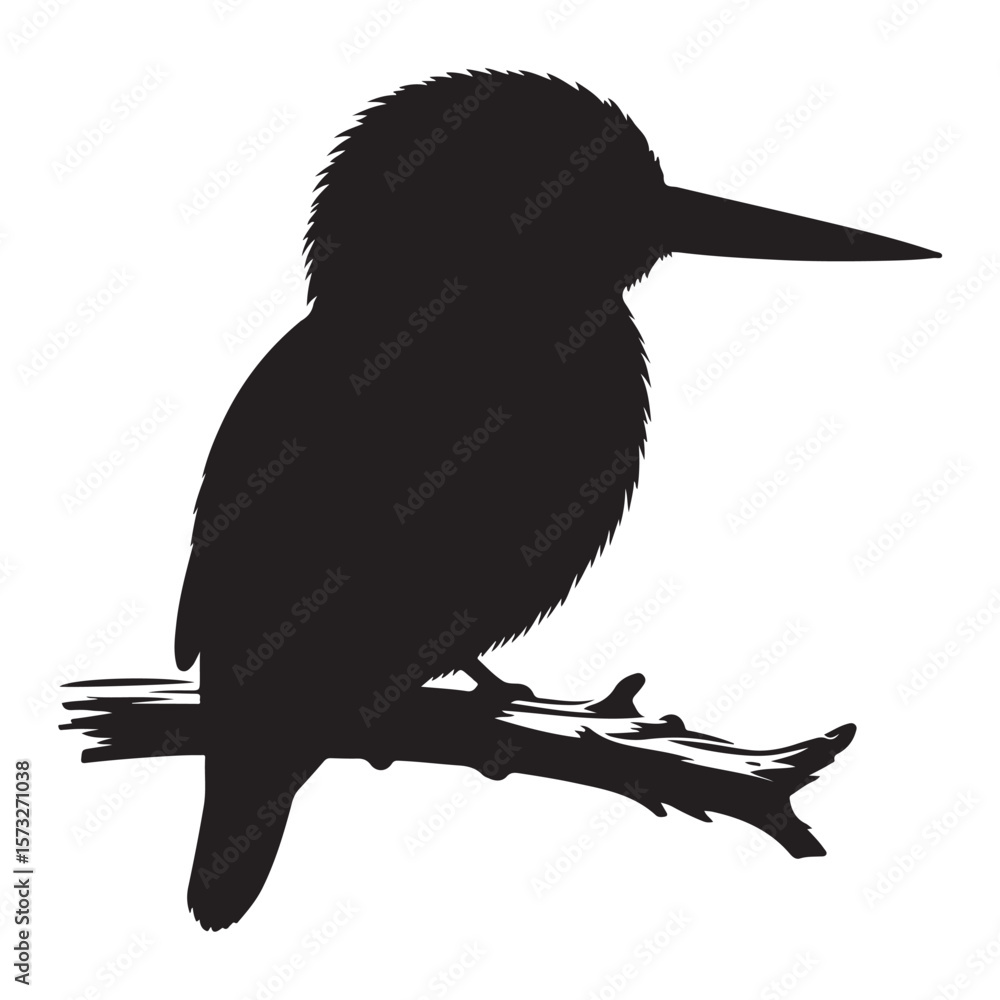 Fototapeta premium Kingfisher perched on branch vector silhouette, Wildlife animals.