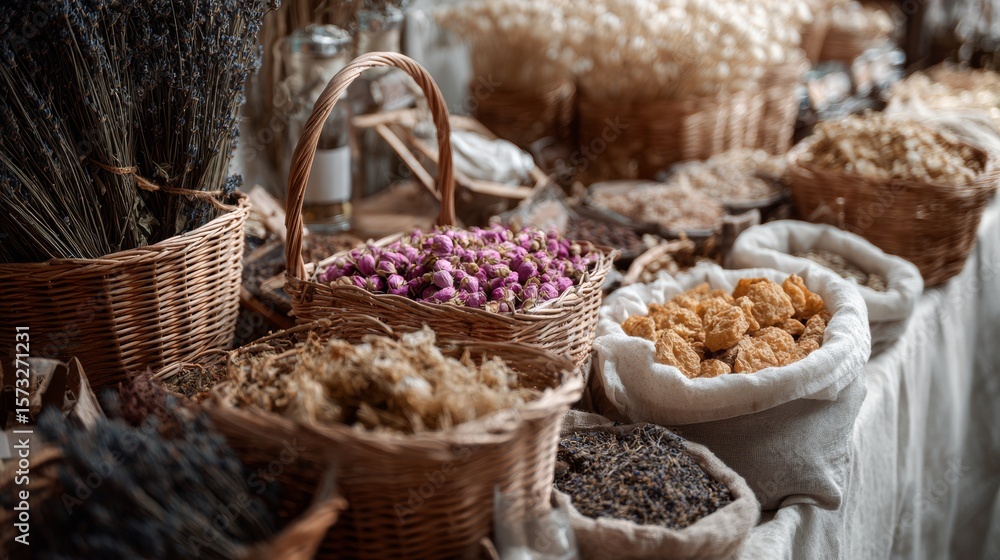Obraz premium Rustic herbal market display with woven baskets spices flowers and natural textures interior vintage setting