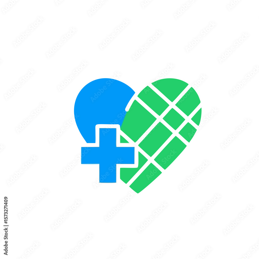 Obraz premium Illustration of a blue heart with a plus sign and a green heart with a grid pattern design element