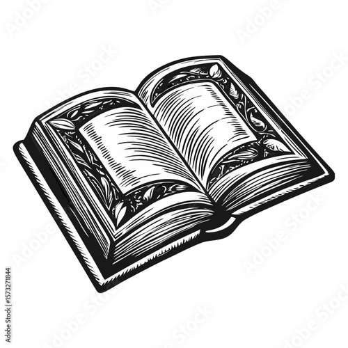 Open storybook with decorative floral frame in hand drawn engraving style. Open storybook, displaying blank pages framed with ornate foliage, invites imaginative storytelling and creative exploration.