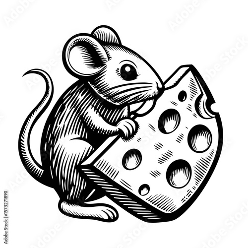 Tiny mouse with cheese in engraved style, standing and nibbling on delicious swiss. Mouse with cheese enjoys tasty block, holding it with small paws, showcasing its love for dairy.