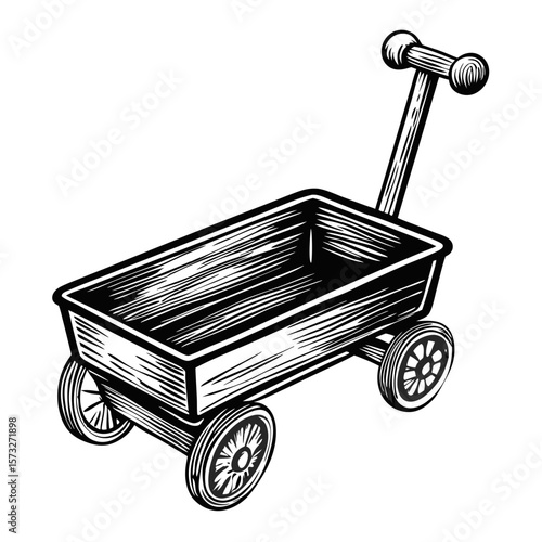 Hand-drawn wooden toy cart, an engraved style illustration, vintage and classic. A wooden toy cart recalls simpler times with its rustic charm and detailed construction.