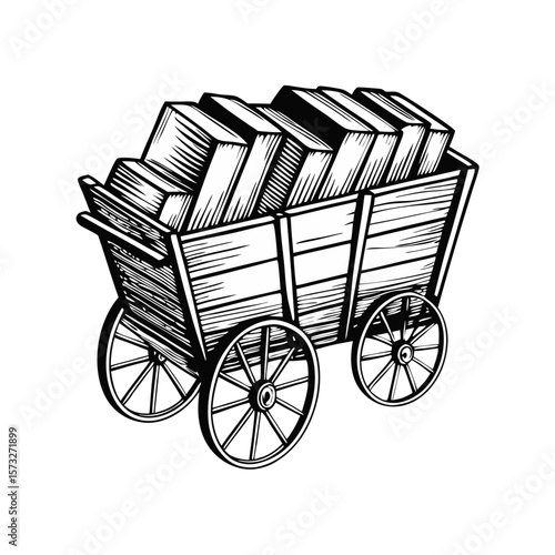 Wagon full of books depicted in detailed hand-drawn engraving style. Wagon full of books for educational resources and historical illustrations, featuring aged wood and classic bindings.