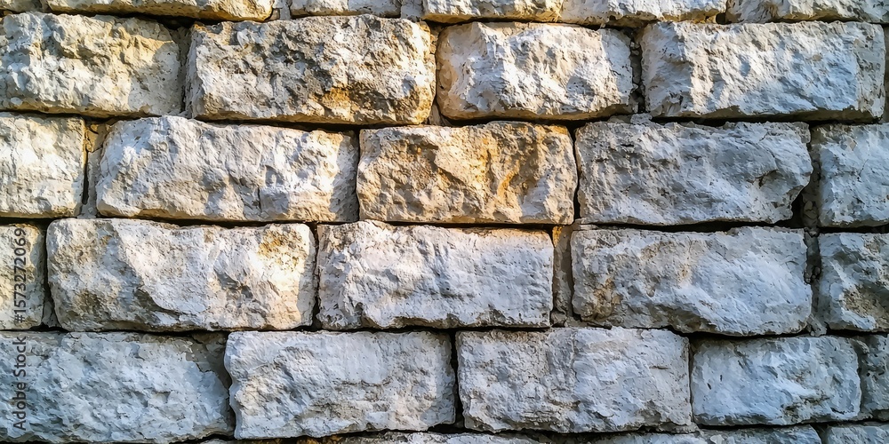 Obraz premium Rustic white wall of stone blocks lit by sunset, revealing fine details