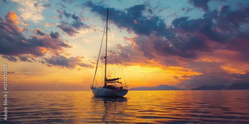 Fototapeta premium Sailboat beneath a sky split between day and dusk