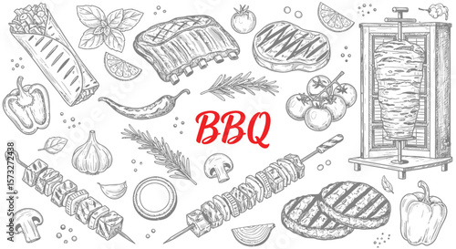 A sketch of various barbecue foods including meat, vegetables, and spices