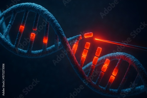 Close-up of a DNA double helix undergoing a repair process, with glowing red segments representing the damaged areas.