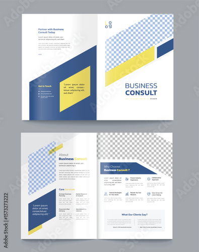 Business consulting services brochure with team collaboration and growth strategies