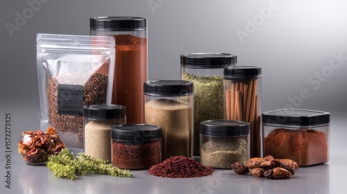 Fototapeta Naklejka Na Ścianę i Meble -  Set of food spices and herbs in clear jars on white background culinary kitchen ingredient branding concept