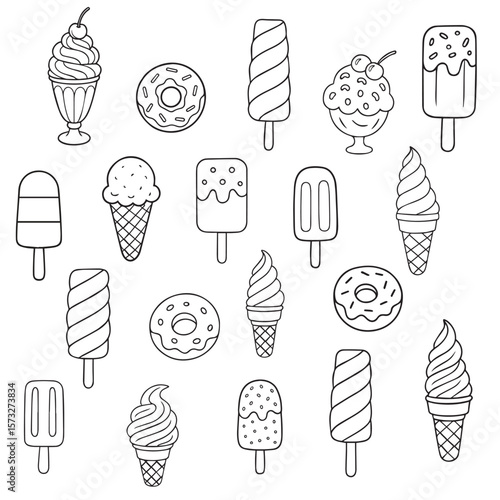 A coloring page featuring a variety of ice cream cones, popsicles, donuts, and sundaes in outline style. Perfect for kids' activities, printable worksheets, coloring books, and education