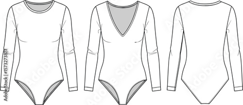 Simple Long-Sleeve Bodysuit with V-Neck, Minimalist Underwear Fashion Illustration for Designers