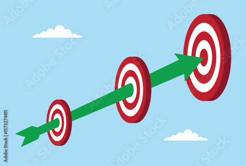 Vector illustration of arrows piercing through short term, medium term, and long term goals, symbolizing focused effort, persistence, and success across all planning stages
