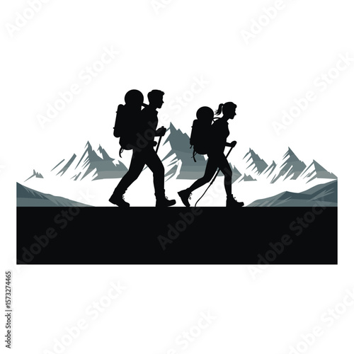 Couple hiking together with backpacks and poles in mountain landscape silhouette
