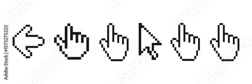Collection of pixelated cursor icons including a left arrow pointing fingers and a diagonal arrow on a white background