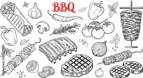 Illustration of various bbq items including meat and vegetables drawn