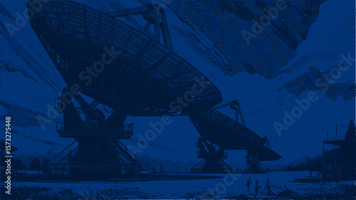 Set of large satellite dishes in halftone pixel art style. Monochrome vector illustration of radio antenna structures and observatory landscape.