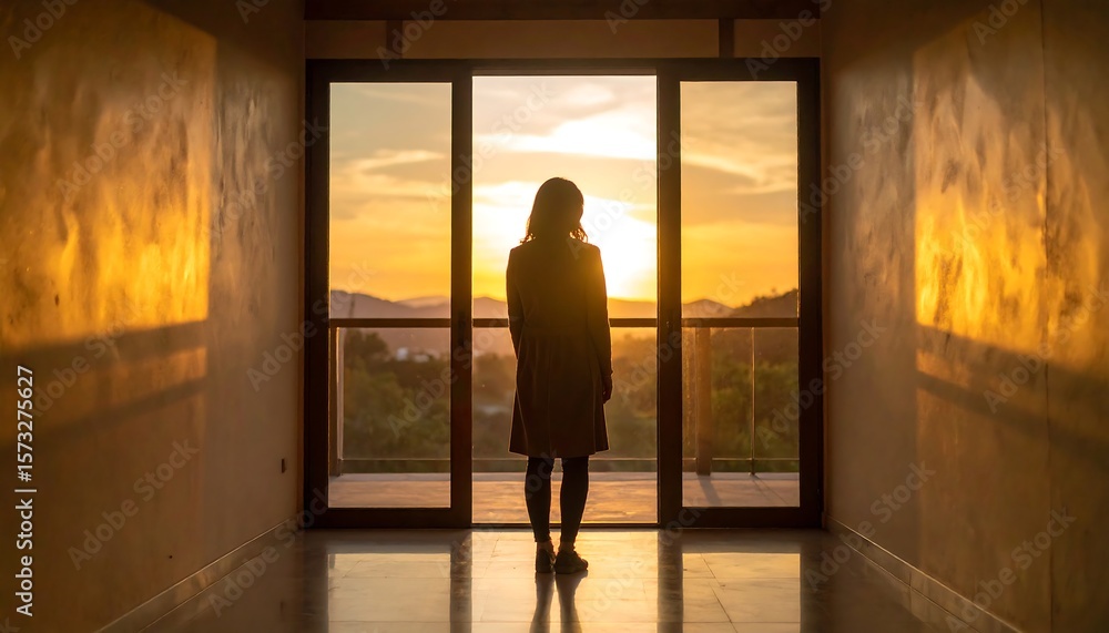 Obraz premium Woman gazing at sunset through large windows