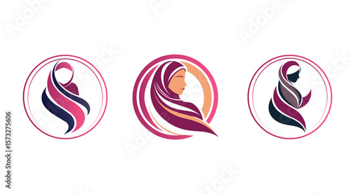 Three diverse circular emblems featuring a veiled Muslim woman in a stylized and modern abstract style