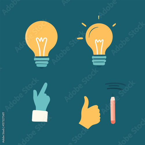 Yellow lightbulbs glow near a pointing hand and a thumbsup next to a pencil