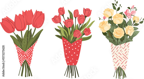 Three floral bouquets show a mix of red tulips and yellow roses over white