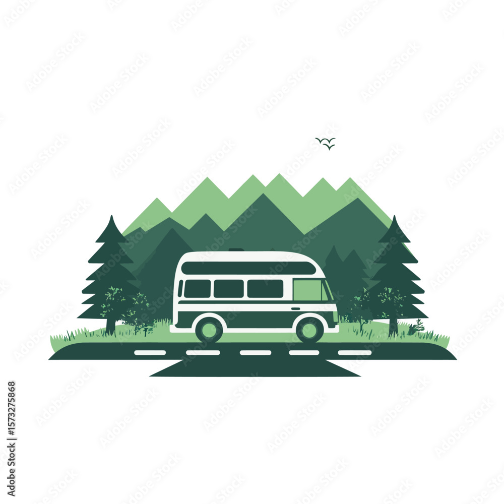 Obraz premium White retro bus travels along the asphalt road toward the forest mountains