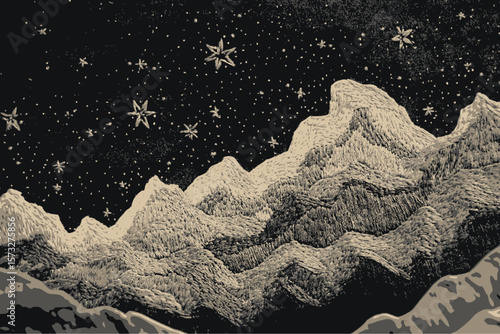 Textured mountains rise sharply against a speckled, starry night sky with distinct stars