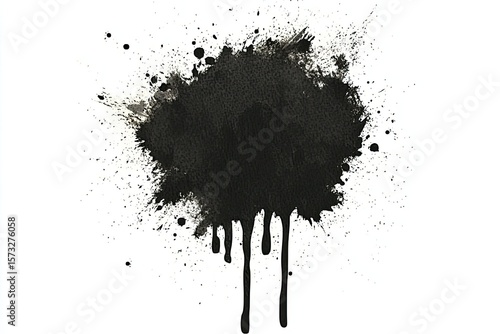 Dark ink splatters and drips on white background