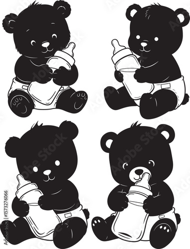 Baby Bear Holding Milk Bottle Cute Cartoon silhouette