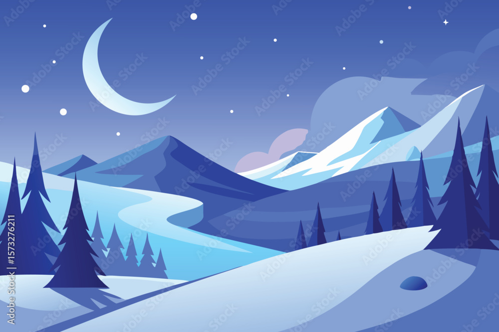 Fototapeta premium A crescent moon illuminates a serene winter landscape with snowcovered mountains and tall pines