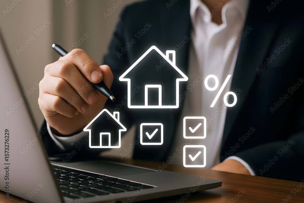 A man in a suit uses a pen to point at virtual home icons and checkboxes displayed on a laptop screen, illustrating mortgage planning and house selection. A man in a suit uses a pen to point at virtual home icons and checkboxes displayed on a laptop screen, illustrating mortgage planning and house selection.