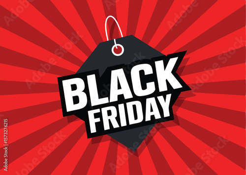 White bold letters proclaim Black Friday sale on an angled black price tag over radiant red