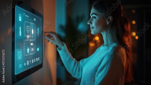 Woman interacting with a smart home system at night