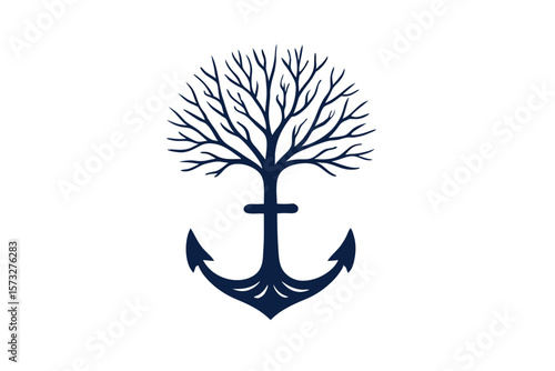 A solitary navy anchor connects directly into tree branches with a transparent background