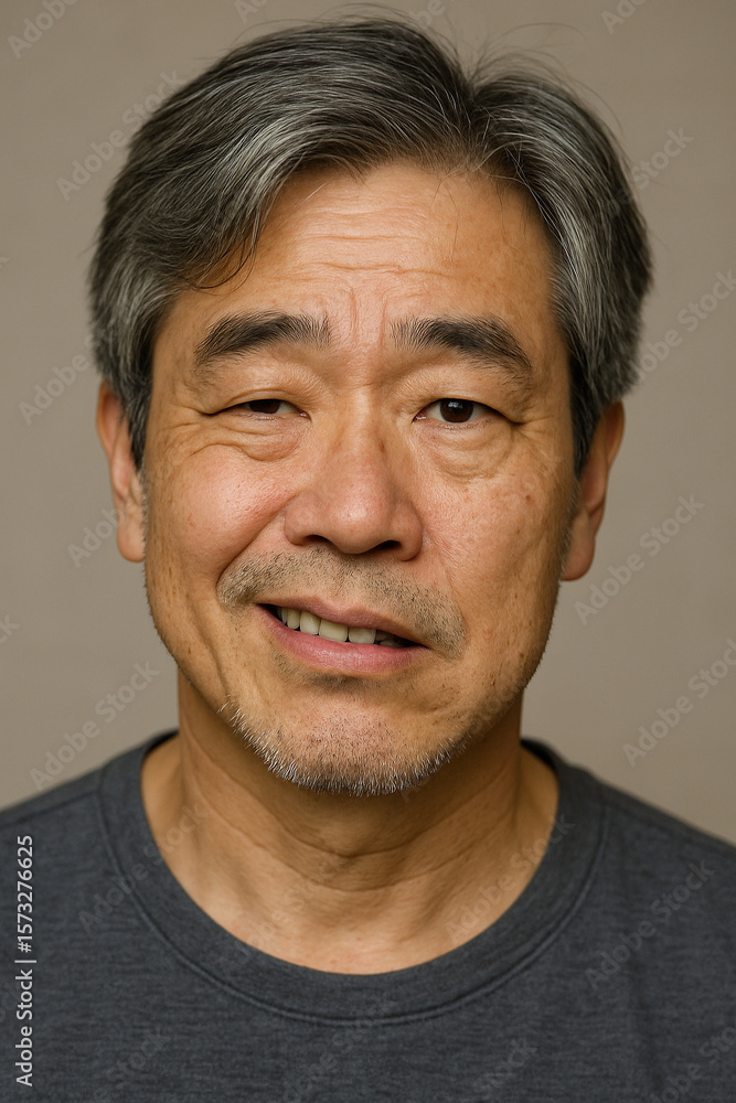 Fototapeta premium Portrait of medium shot of an older woman with silver hair, asymmetrical grin, and confident eyes.