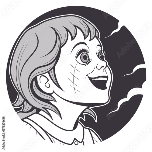 Creepy vintage doll with wide eyes and a sinister smile depicted in a circular black and white illustration with swirling smoke elements