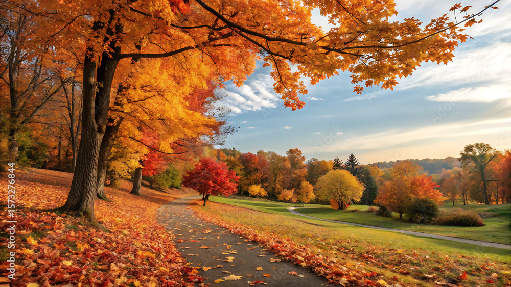 Fototapeta premium Beautiful autumn landscape with. Colorful foliage in the park. Falling leaves natural background.