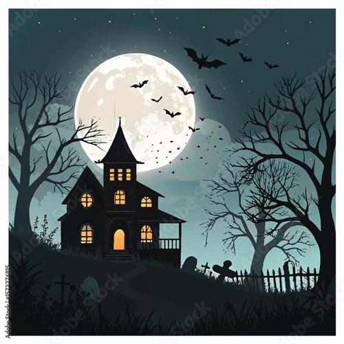 Halloween haunted house silhouette with bats under a spooky moonlit night sky vector illustration