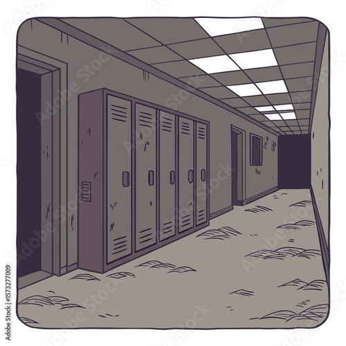 An eerie empty school hallway with rows of lockers and debris scattered across the floor under fluorescent lighting creating a sense of abandonment and mystery