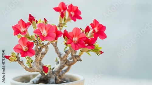 desert rose plant with red blossoms in arid pot