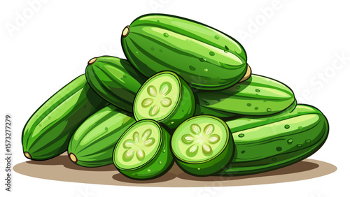  close up A pile of crisp organic cucumbers, dark green and bumpy, lies neatly stacked with sliced rounds nearby, their cool interior vibrant and refreshing in clean, minimalist lighting .White backgr