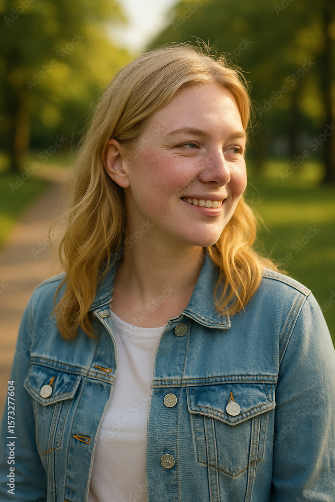 Young blonde woman smiling and walking in a park during golden hour Young blonde woman smiling and walking in a park during golden hour