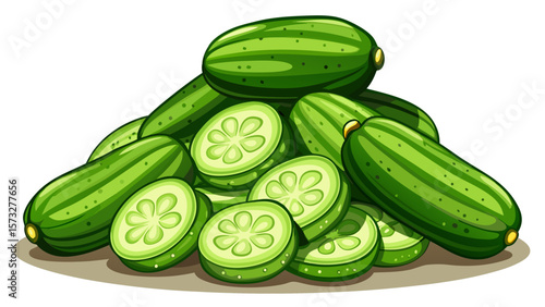  close up A pile of crisp organic cucumbers, dark green and bumpy, lies neatly stacked with sliced rounds nearby, their cool interior vibrant and refreshing in clean, minimalist lighting .White backgr