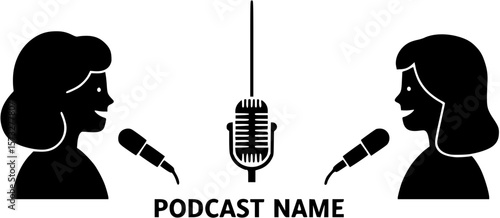 howing two smiling women talking into a hanging podcast microphone. A bold PODCAST NAME
