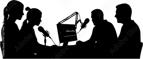 Silhouette of a team editing a podcast episode on white background
