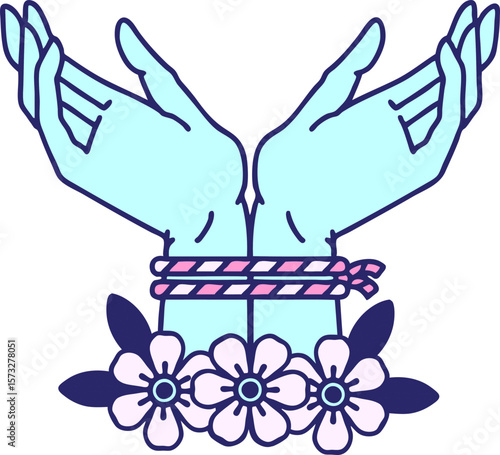 tattoo in traditional style of hands tied in bright neon color